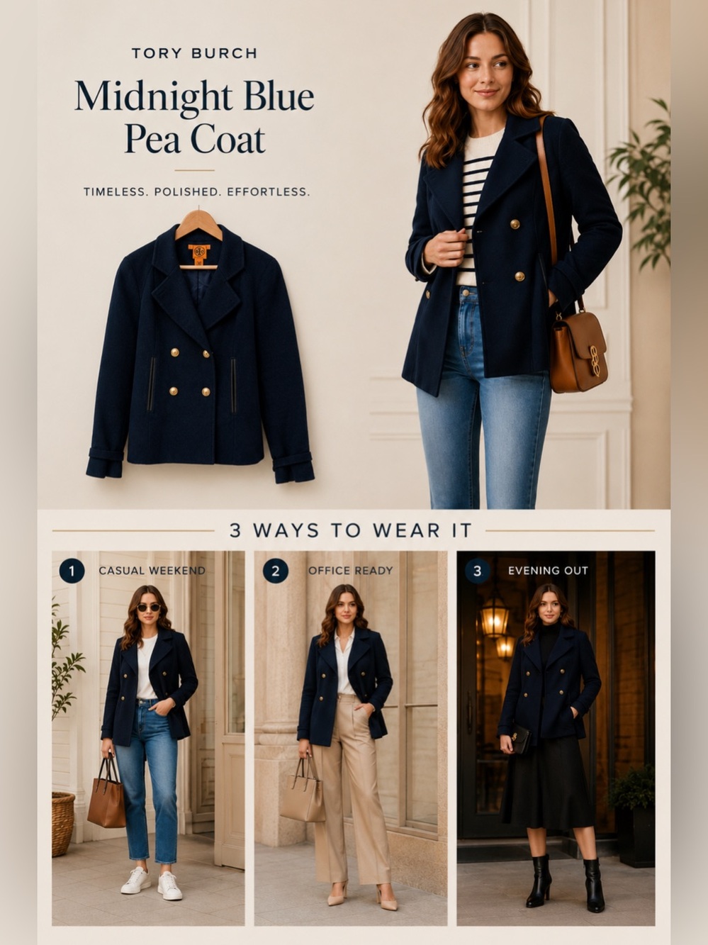 Tory Burch Navy Double-Breasted Pea Coat with Gold Buttons